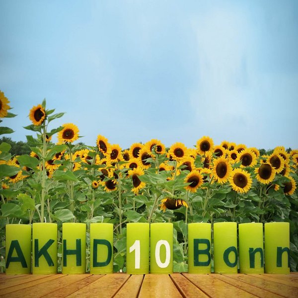 Unsere Jubiläumskerzen stehen in Bonn-Ückesdorf auf einem Holztisch vor blühenden Sonnenblumen, dahinter blauer Himmel