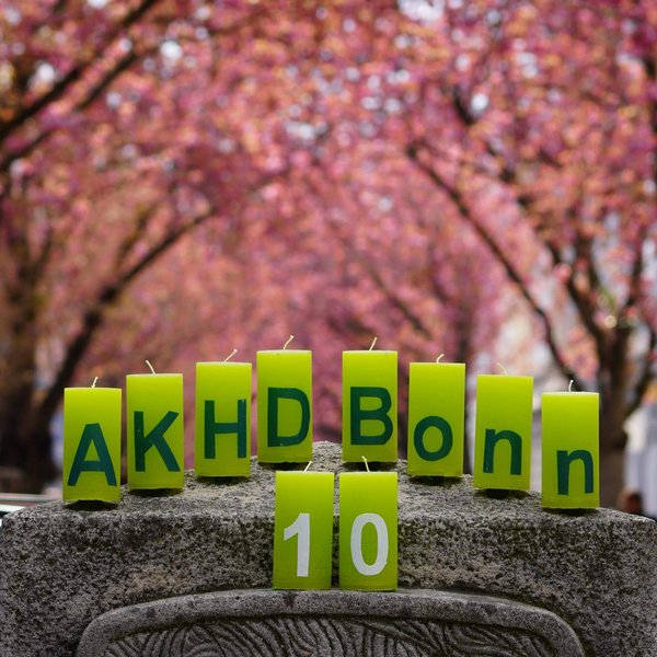 Das Foto zeigt die Jubiläumskerzen auf einem Granitsockel mit der unscharf gehaltenen Kirschblüte im Hintergrund. Die grünen Kerzen mit dem dunkelblauen Schriftzug "AKHD Bonn" stehen auf dem Dach des Sockels, die grünen Kerzen mit der weißen Aufschrift "10" davor auf einem Absatz.